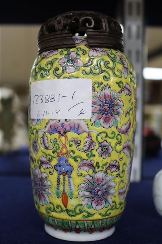 Three Chinese snuff bottles and a yellow ground Chinese vase